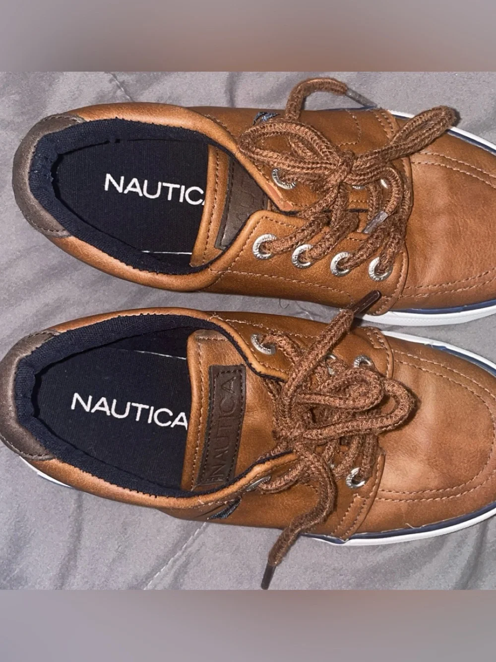 Nautica Tan/Brown Lace-Up Kids Boat Shoes with White Sole